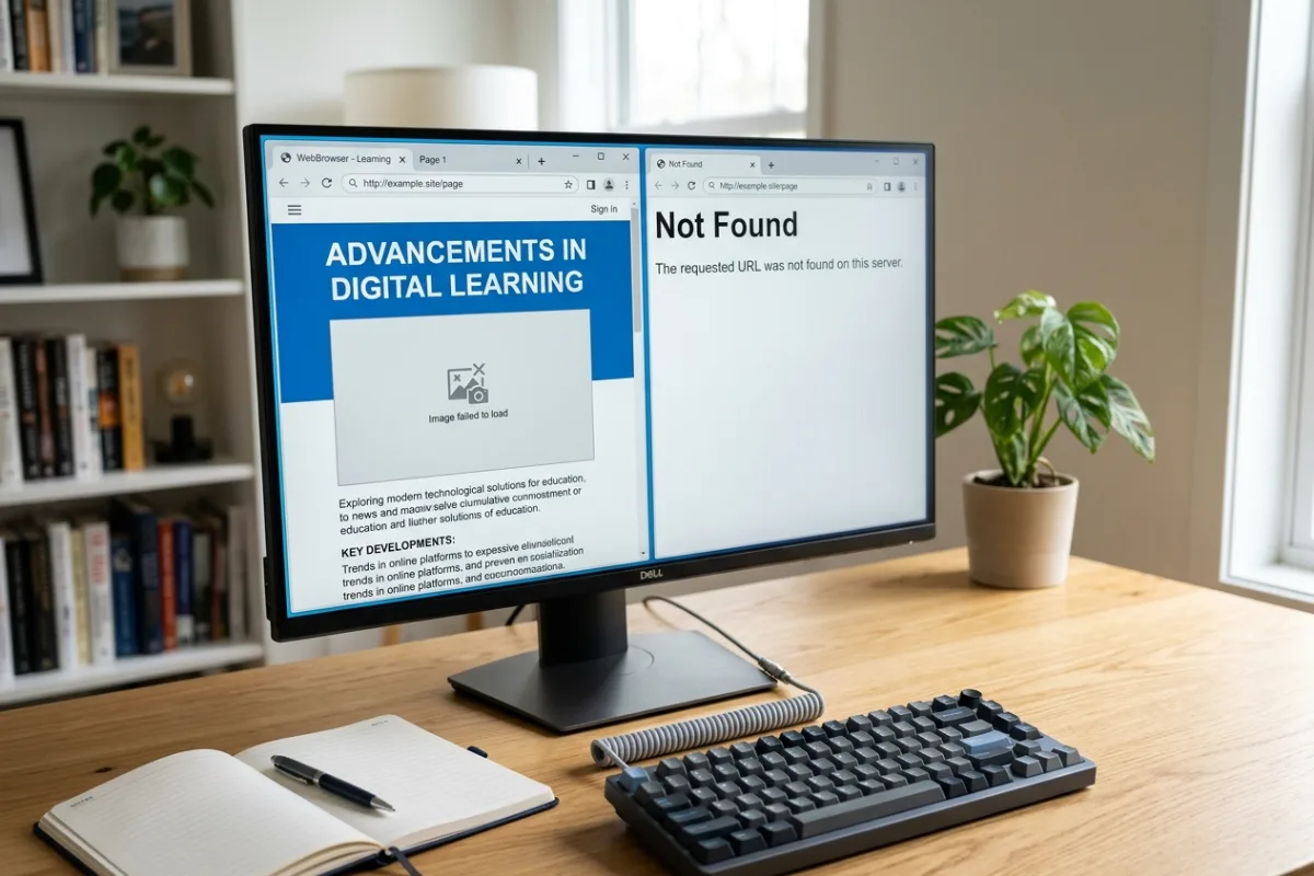 Illustrative monitor showing a web page with a broken image beside a second browser tab displaying a plain not-found message