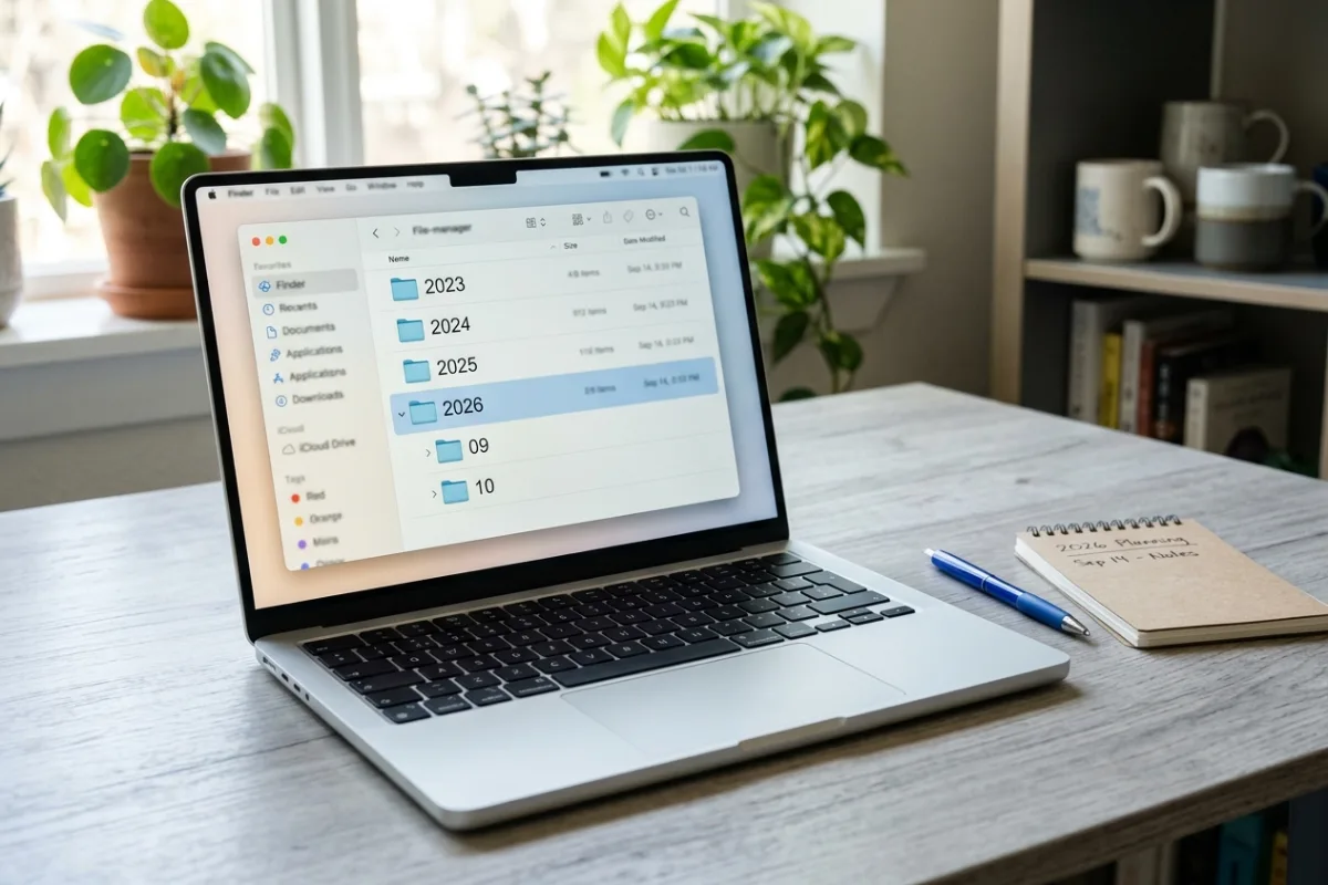 Illustrative file manager window listing year and month folders inside an uploads directory beside a desk with a pen and notebook