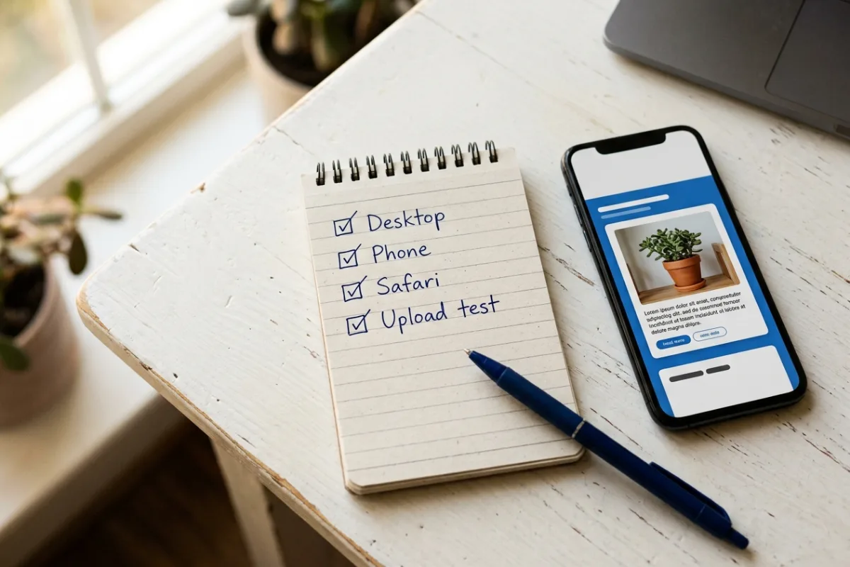 Illustrative desk with a notebook checklist beside a phone showing a web page where a photo now displays correctly