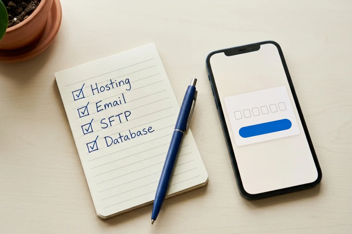 Illustrative notebook on a desk listing website access routes next to a phone showing a generic authentication code prompt