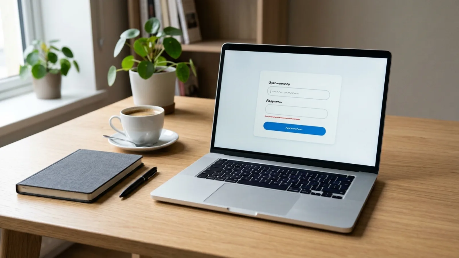 Illustrative laptop on a desk showing a generic website sign-in form with an error line beneath the password field