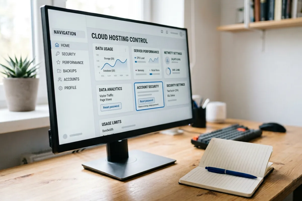 Illustrative monitor showing a generic hosting control panel with a highlighted reset-password action beside a notebook