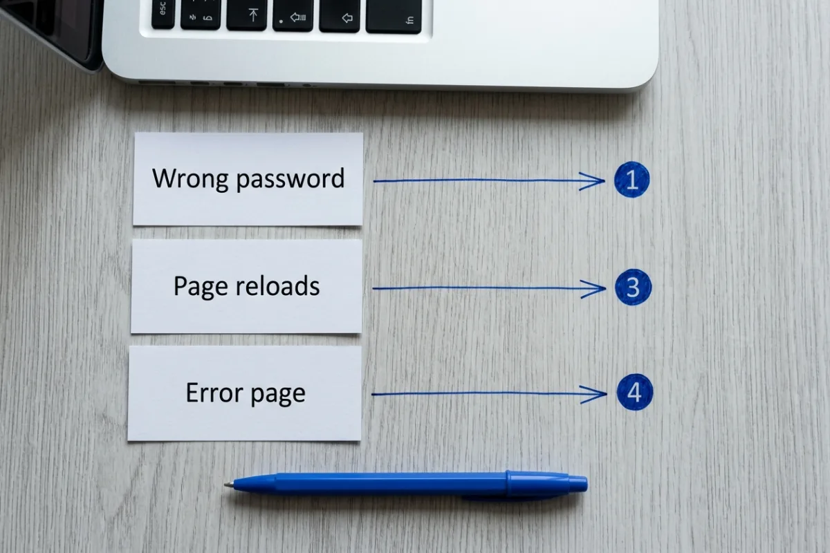 Illustrative desk card diagram mapping login symptoms such as wrong password, reload and error page to numbered next steps